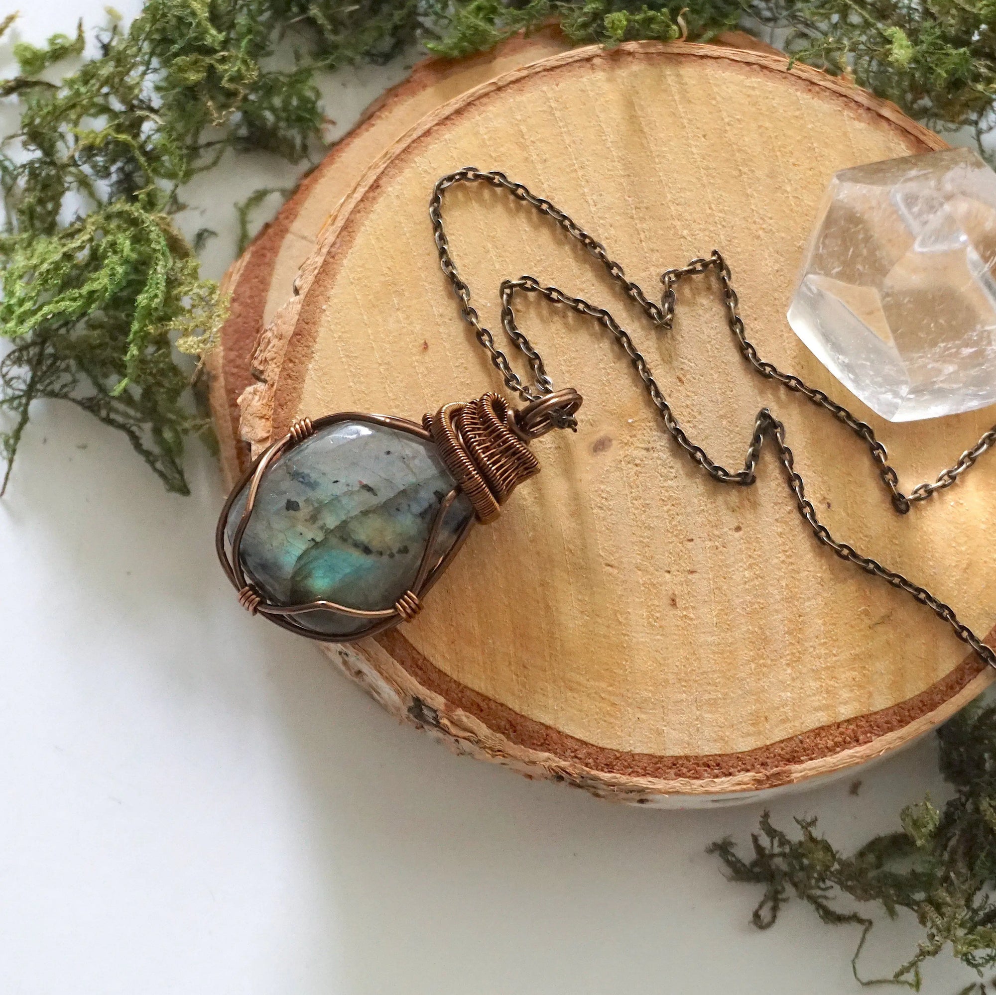 Labradorite pendant on antique bronze chain — wire wrapped crystal necklace for women, Cancer zodiac birthstone pendant