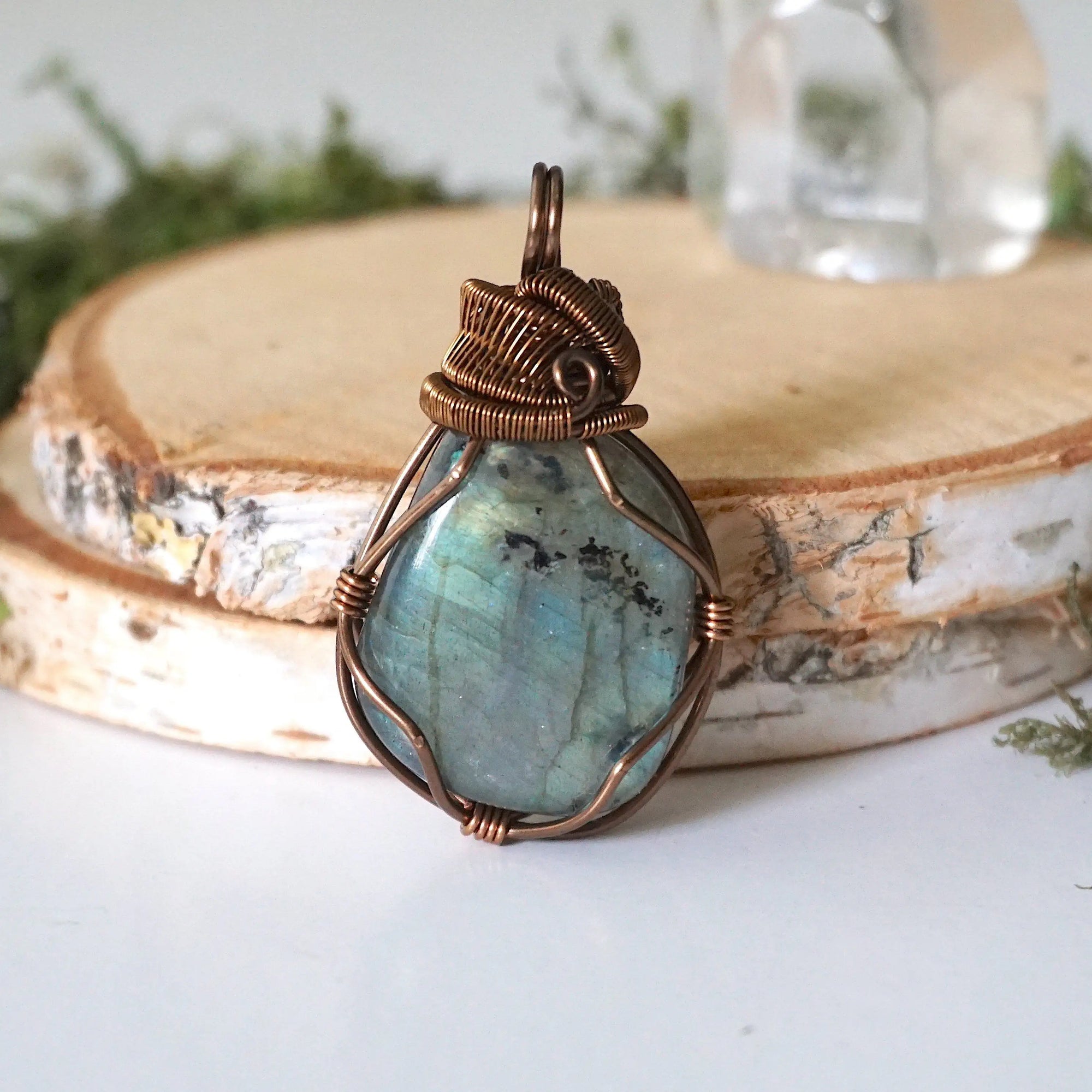 Back view of labradorite pendant — artisan antique bronze wire wrapping, one of a kind handmade crystal pendant for women