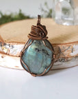 Back view of labradorite pendant — artisan antique bronze wire wrapping, one of a kind handmade crystal pendant for women