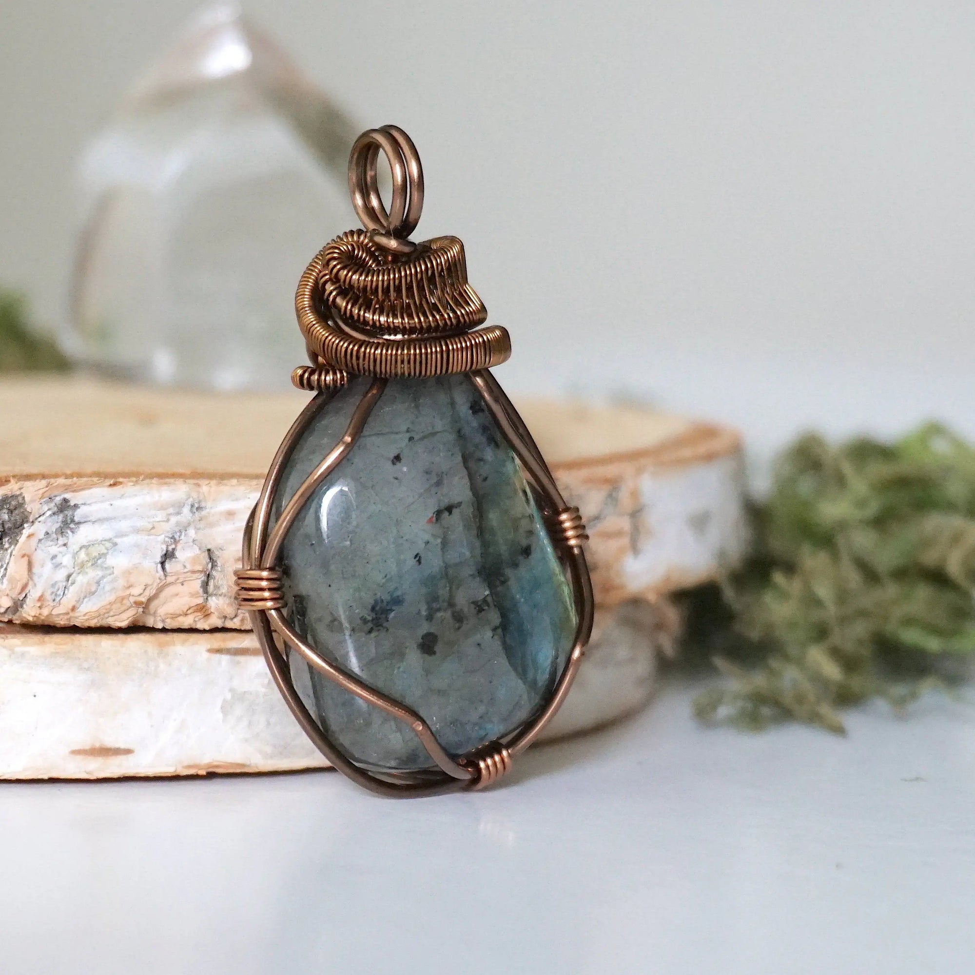 Right side view of labradorite pendant — antique bronze wire wrapping detail, handmade crystal necklace for women