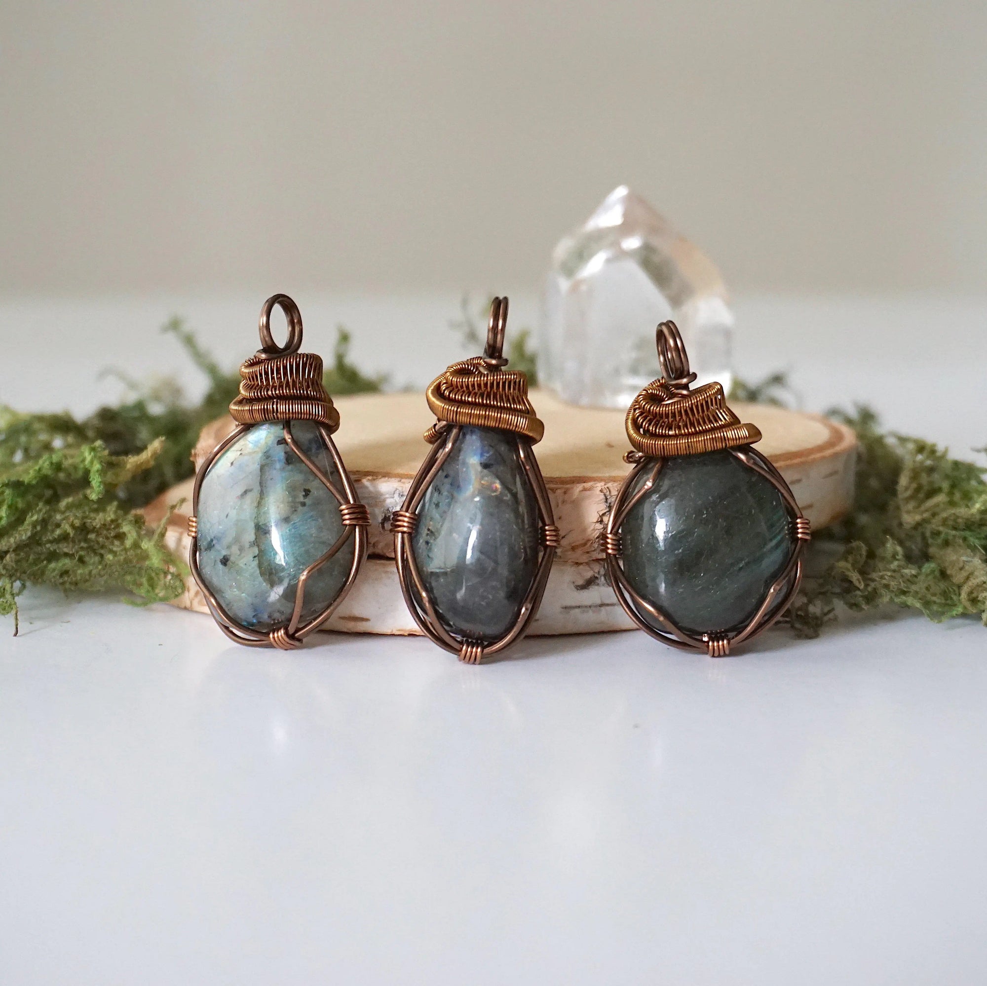 Labradorite pendants showing variation in size, shape, and unique flash — select your own pendant, one of a kind by nature