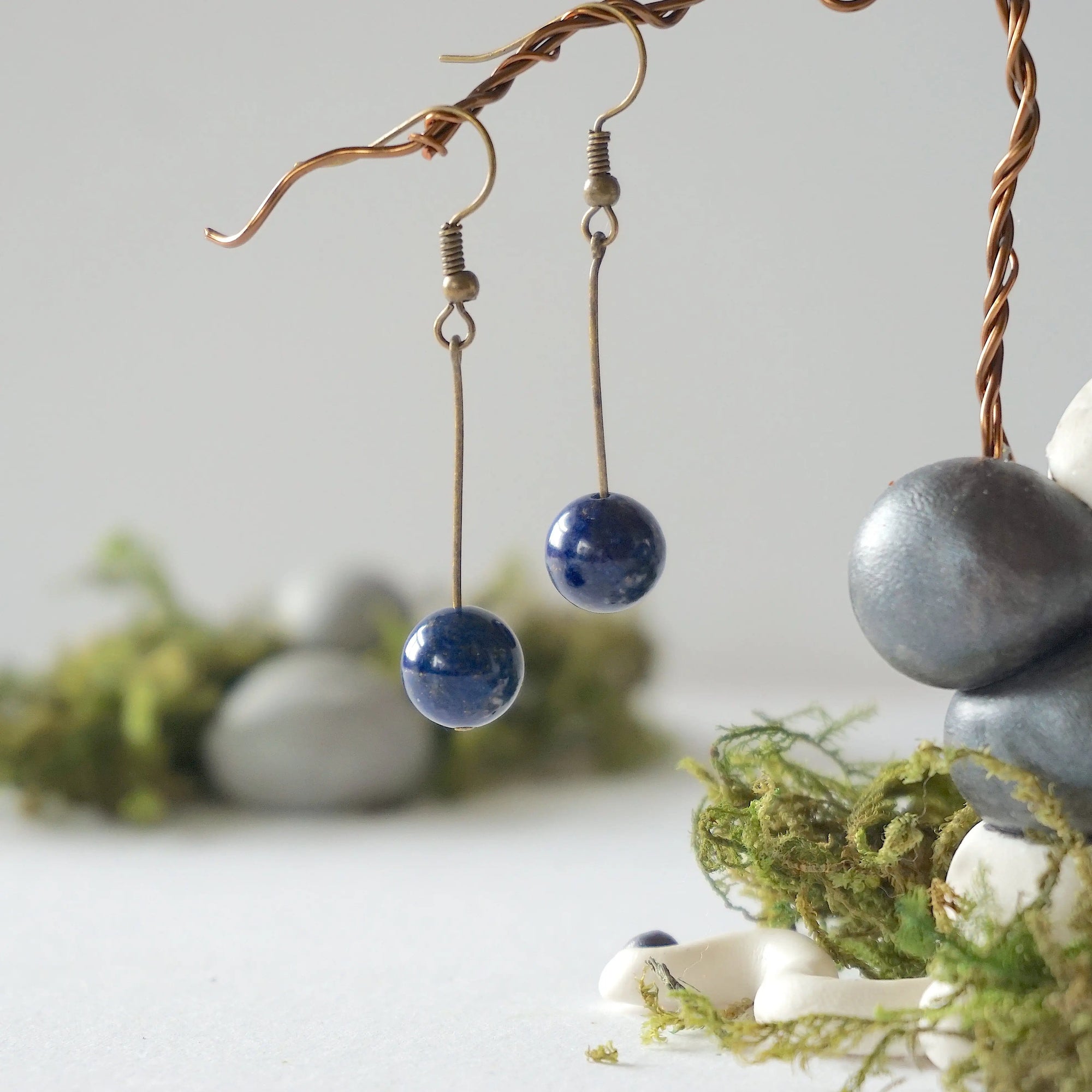 Lapis Lazuli Crystal Drop Earrings in Antique Bronze Designs by Nature Gems