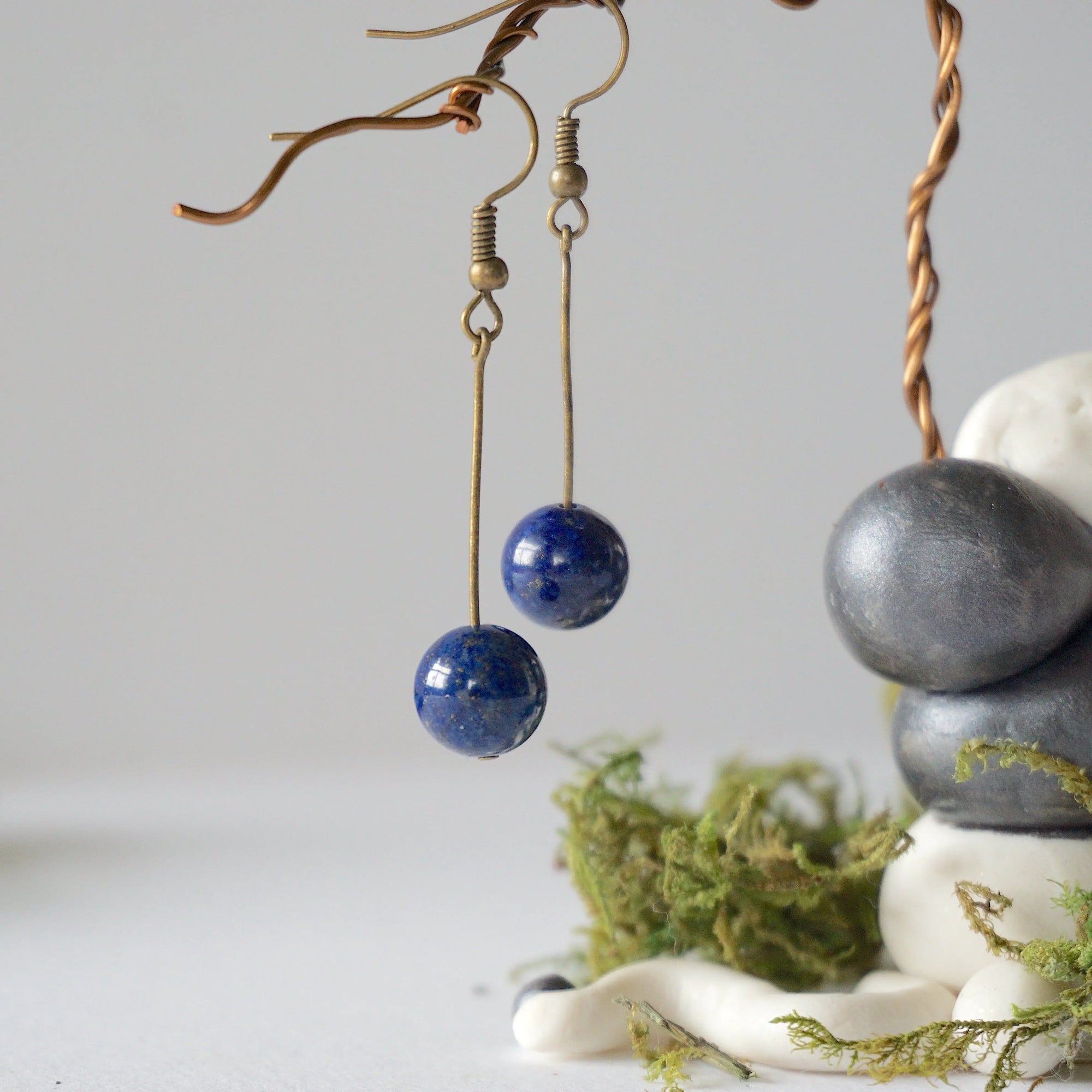 Lapis Lazuli Crystal Drop Earrings in Antique Bronze Designs by Nature Gems