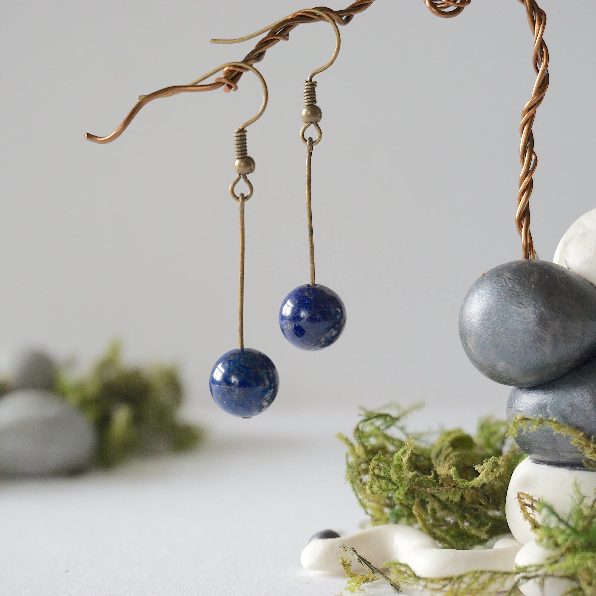 Lapis Lazuli Crystal Drop Earrings in Antique Bronze Designs by Nature Gems