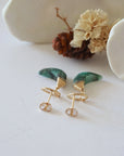 Detailed close-up of open circle stud earring closure, Lux Emerald Moon Stud Earrings, 14k gold filled, handmade craftsmanship.