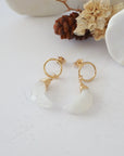 Rainbow Moonstone Moon Open Circle Stud Earrings laying flat, 14k gold filled minimalist wire wrap, natural faceted rainbow moonstone, limited edition.
