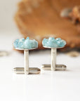 Back angle of men's aquamarine cufflinks, showing secure setting and resin finish, white gold finish copper