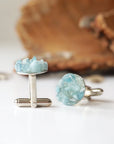 Men's aquamarine cufflinks, detailed front view, multiple genuine aquamarines set in white gold finish copper, Designs by Nature Gems