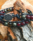 Men’s double wrap leather beaded bracelet with garnet, tiger’s eye, and pyrite, shown from an alternate angle