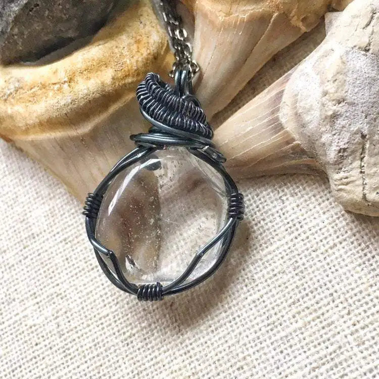 Men's Gunmetal Wire Wrapped Raw Clear Quartz Pendant Necklace - April Birthstone DesignsbyNatureGems