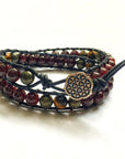 Men’s leather wrap beaded bracelet featuring garnet, tiger’s eye, and pyrite gemstones, shown from the front