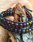 Side view of a men’s leather wrap beaded bracelet, highlighting the double wrap leather construction and natural gemstone beads