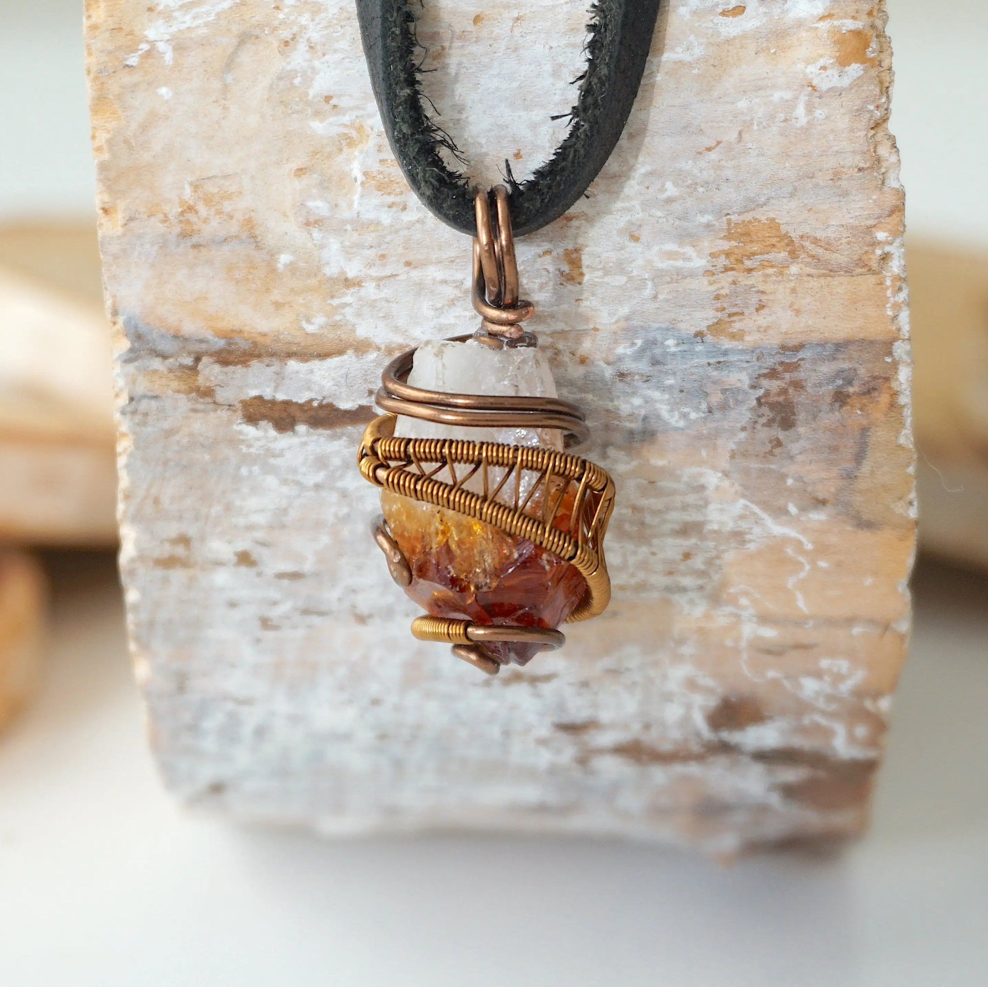 Raw citrine necklace for men on black leather cord - handmade wire wrapped natural unpolished crystal pendant antique bronze copper masculine jewelry November birthstone