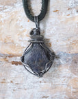Men's raw sapphire necklace on genuine black leather cord — antiqued 925 sterling silver wire wrap, handcrafted crystal jewelry by Designs by Nature Gems
