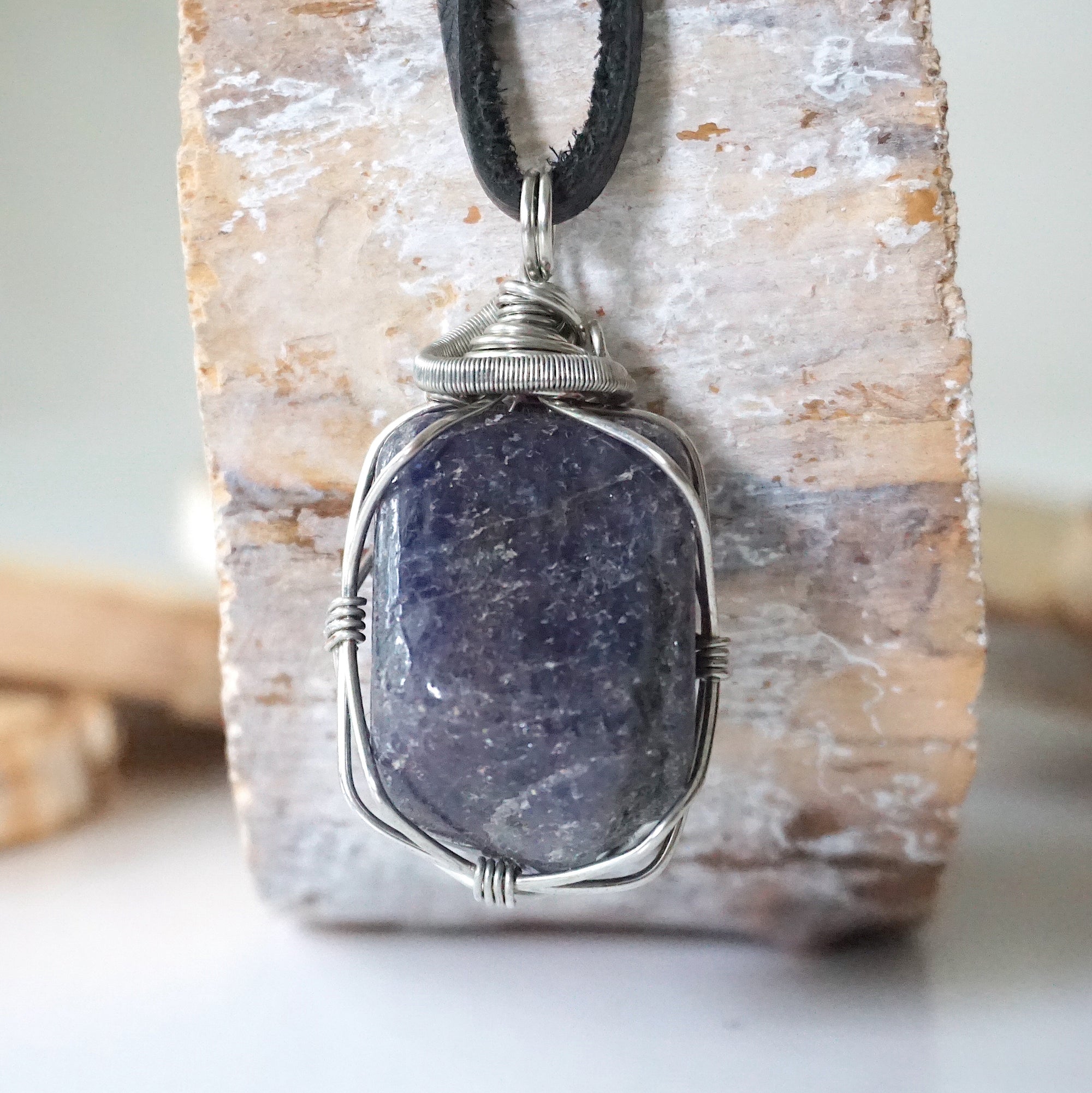 Men's natural sapphire necklace on a genuine black leather cord — dark silver wire wrap, handcrafted crystal jewelry by Designs by Nature Gems