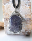 Men's natural sapphire necklace on a genuine black leather cord — dark silver wire wrap, handcrafted crystal jewelry by Designs by Nature Gems