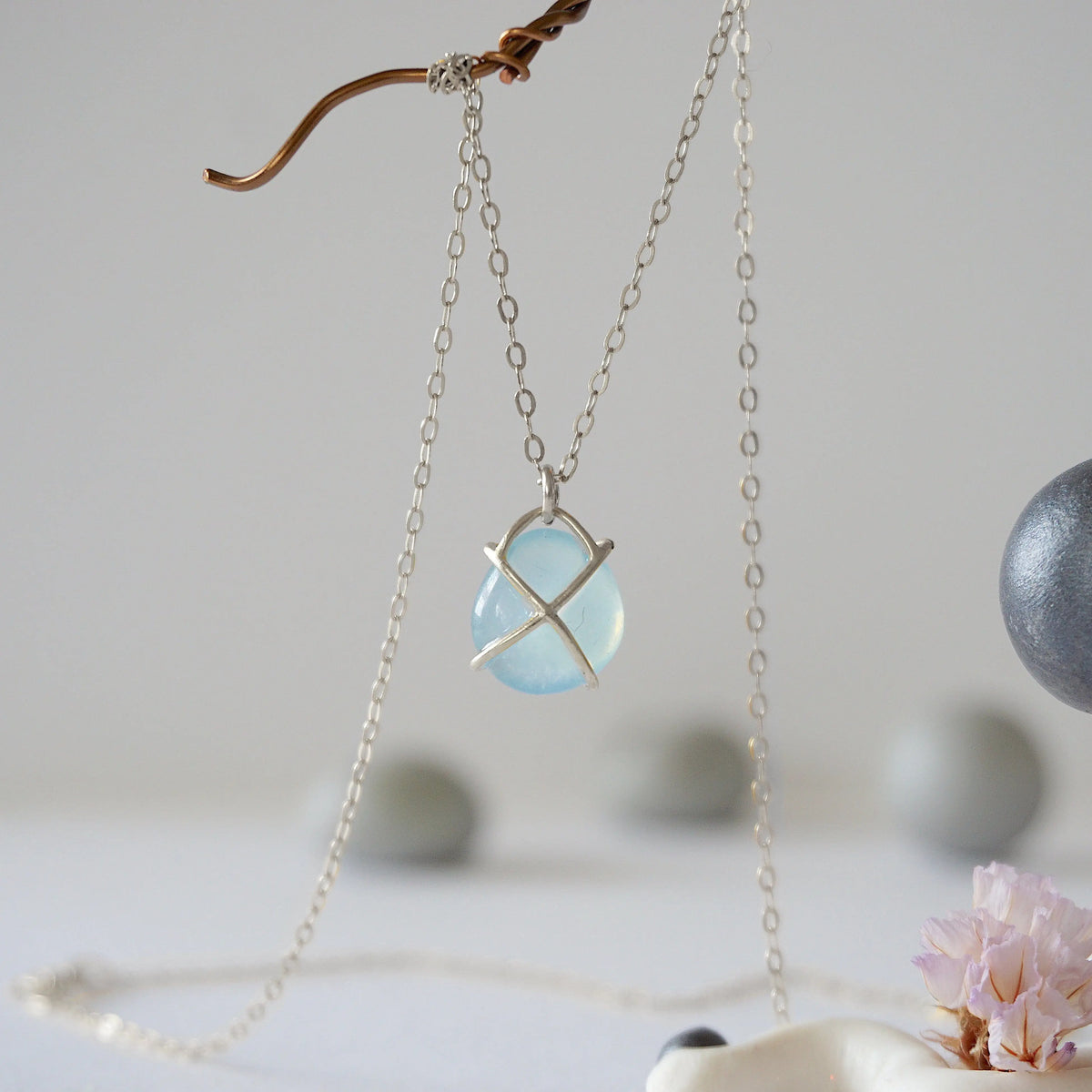 Back angle of minimalist aquamarine necklace, genuine aquamarine and sterling silver, Designs by Nature Gems