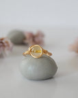 Front view of simple raw citrine ring showing natural yellow crystal wire wrapped in sterling silver gold or copper - handmade minimalist ring