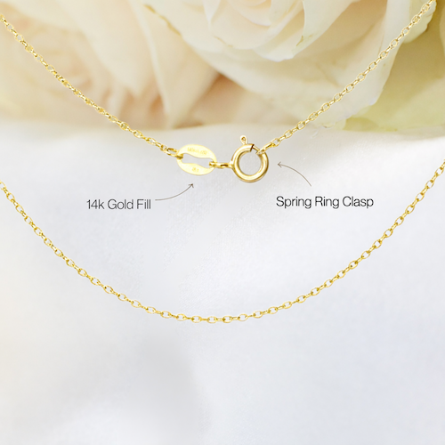 14k gold filled chain detail with metal quality stamp and spring clasp closure — minimalist peridot necklace hardware, dainty handmade crystal jewelry by Designs by Nature Gems