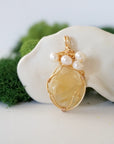 Natural citrine and freshwater pearl necklace front view - handmade wire wrapped crystal pearl pendant in gold plated copper November June birthstone jewelry