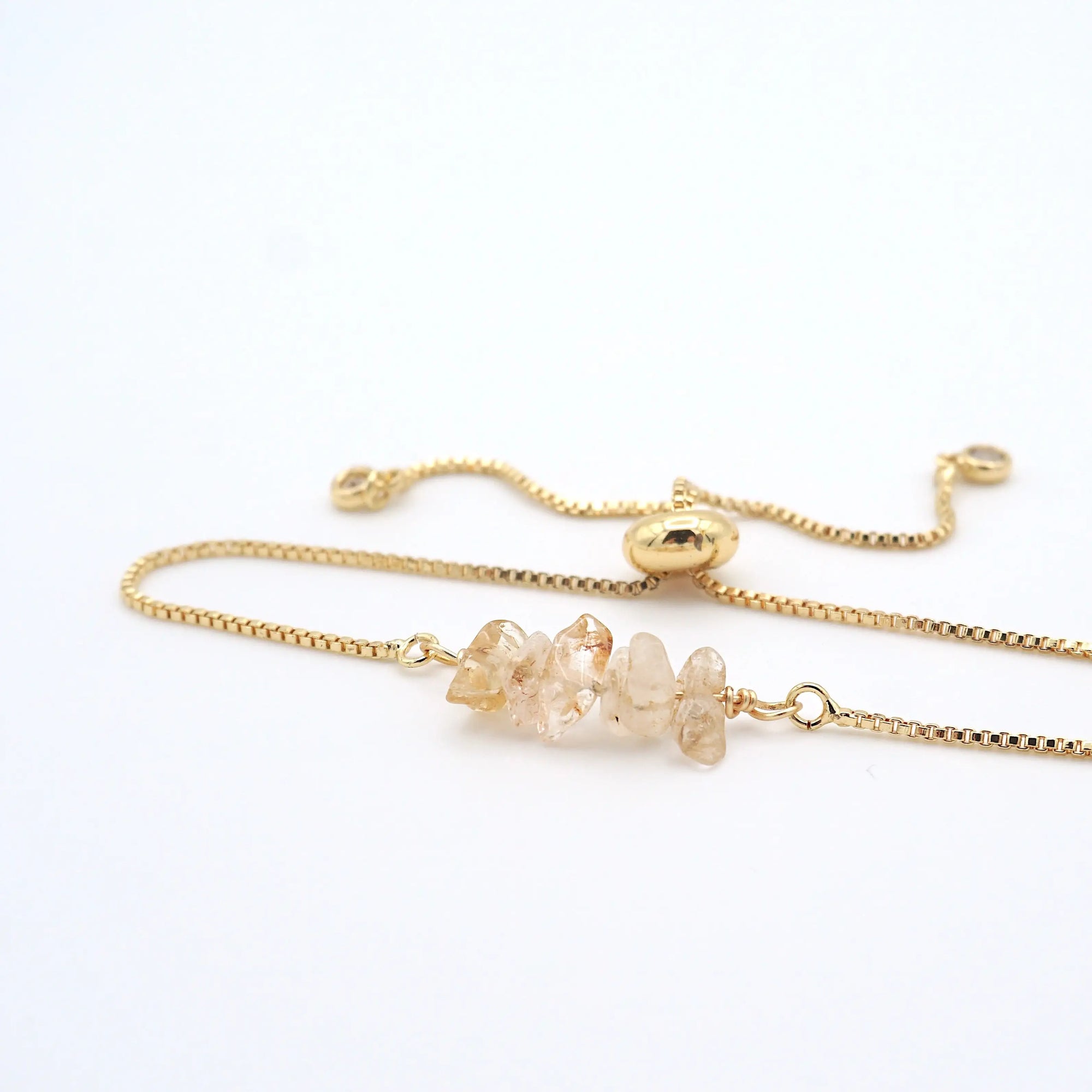 Natural citrine slider bracelet with raw yellow citrine crystals on gold plated brass adjustable chain - November birthstone jewelry for women