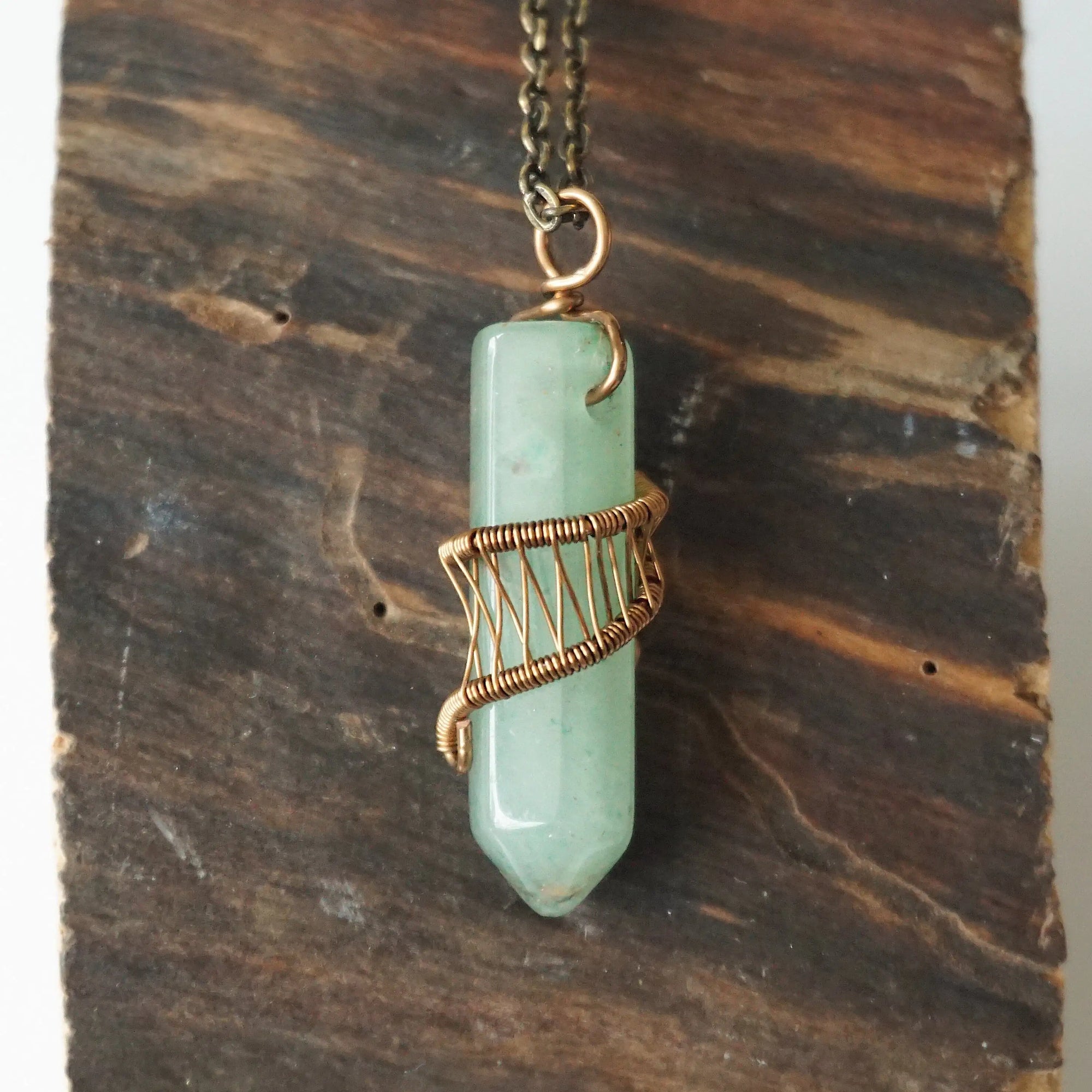 Natural Green Aventurine Antique Bronze Crystal Pendant Necklace Hexagonal Designs by Nature Gems