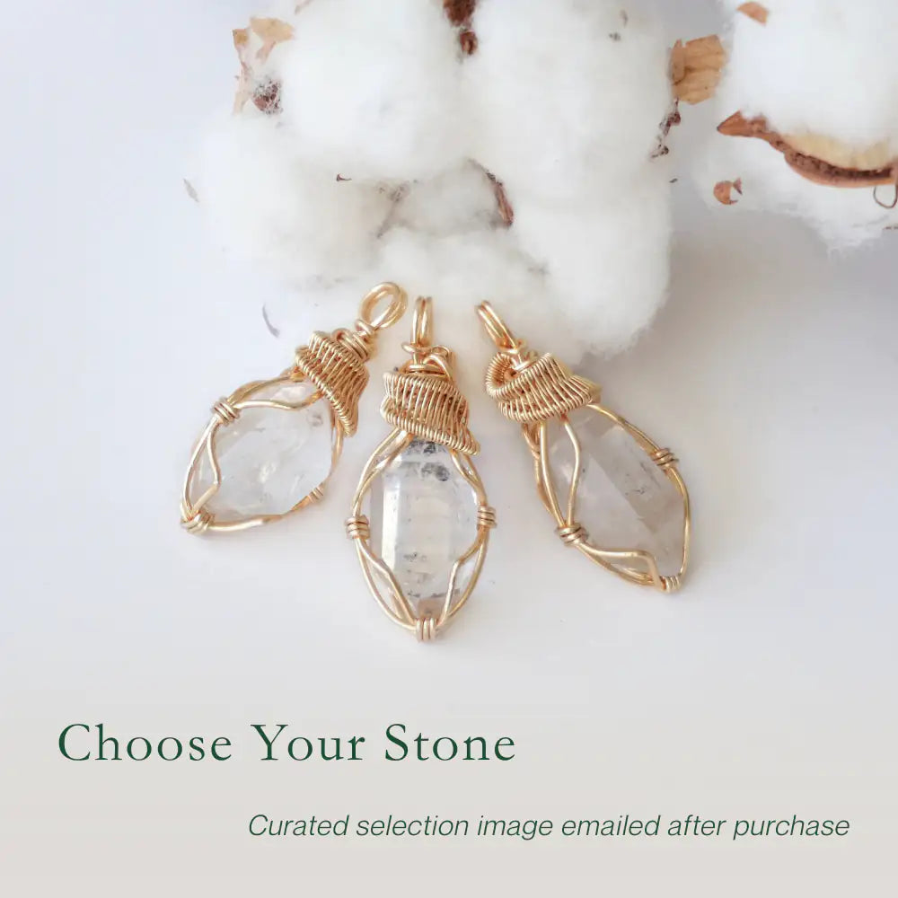 Three Herkimer diamond pendants showing natural variation in crystal size, shape, and handcrafted wire wrapping.