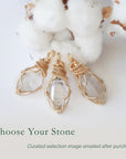 Three Herkimer diamond pendants showing natural variation in crystal size, shape, and handcrafted wire wrapping.