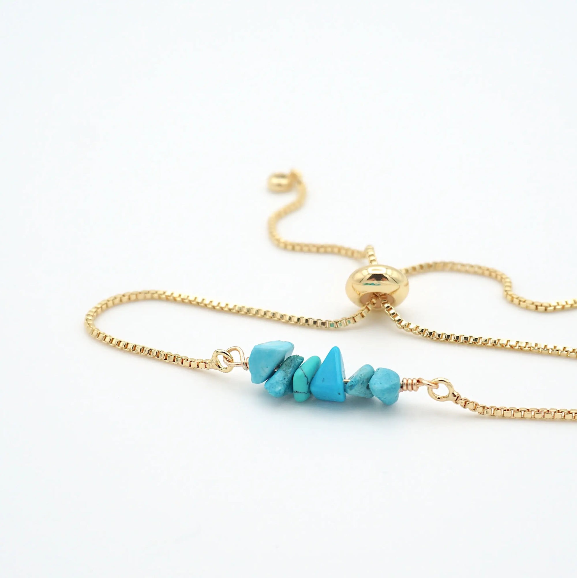 Natural turquoise slider bracelet with raw turquoise crystals on gold plated brass adjustable chain - December birthstone jewelry for women
