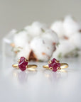 Two pink ruby adjustable rings in 14k gold vermeil showing natural variation in stone size, shape, and colour — choose your ruby ring