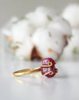 Left side view of pink ruby adjustable ring highlighting natural raw stone and slim 14k gold vermeil band — July birthstone ring