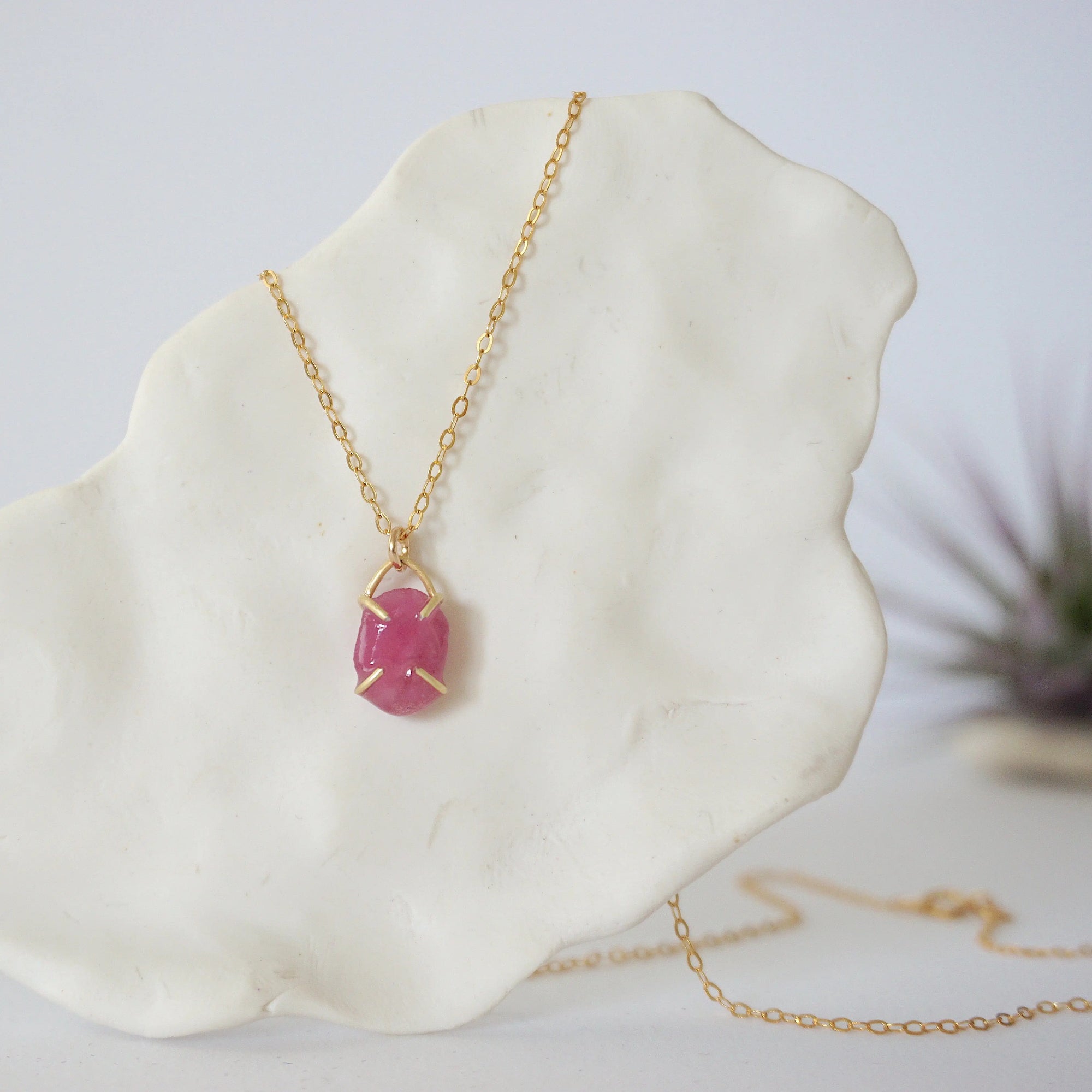 Minimalist pink ruby necklace for women with natural ruby in four-prong 14k gold vermeil setting on fine gold filled cable chain — handmade by Designs by Nature Gems
