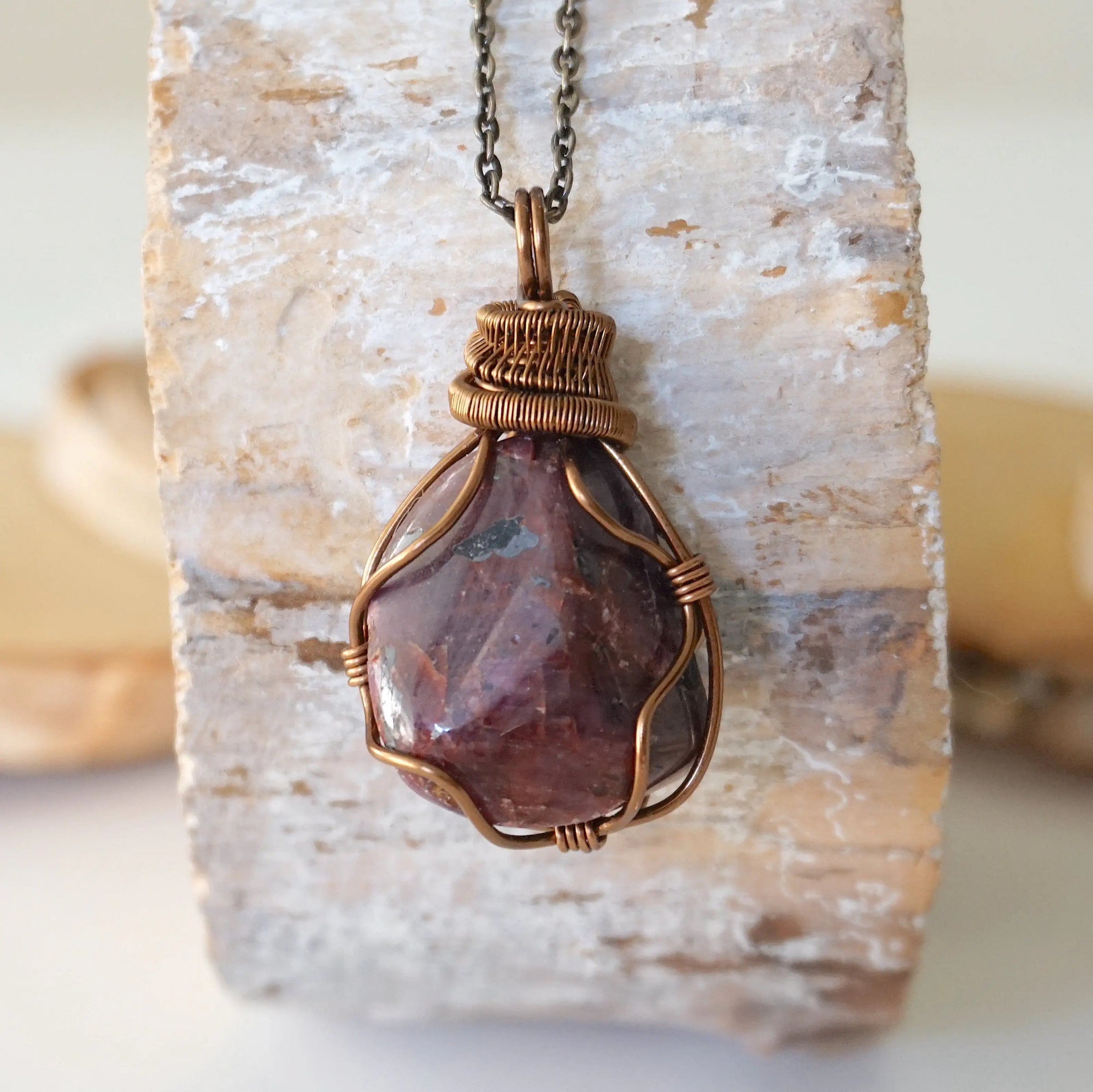Large polished raw ruby necklace for men with antique bronze wire wrapped pendant on matching bronze cable chain — handmade crystal jewelry by Designs by Nature Gems