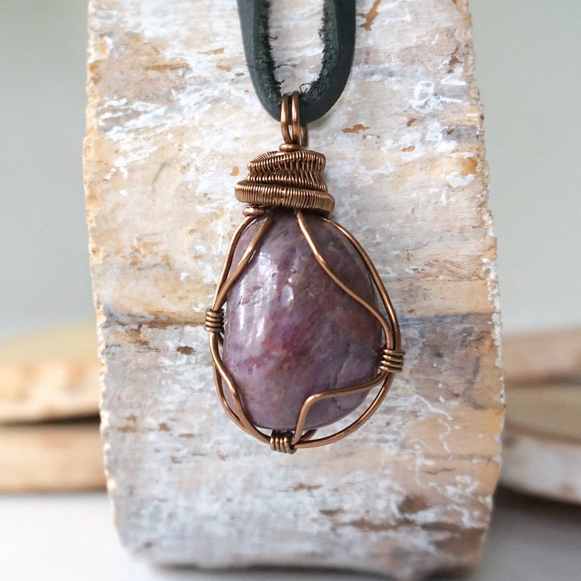 Large polished raw ruby necklace for men with antique bronze wire wrapped pendant on black leather cord — handmade crystal jewelry by Designs by Nature Gems
