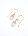 Closeup showing details of rainbow moonstone drop earrings, faceted rainbow moonstone stone, 14k gold filled setting
