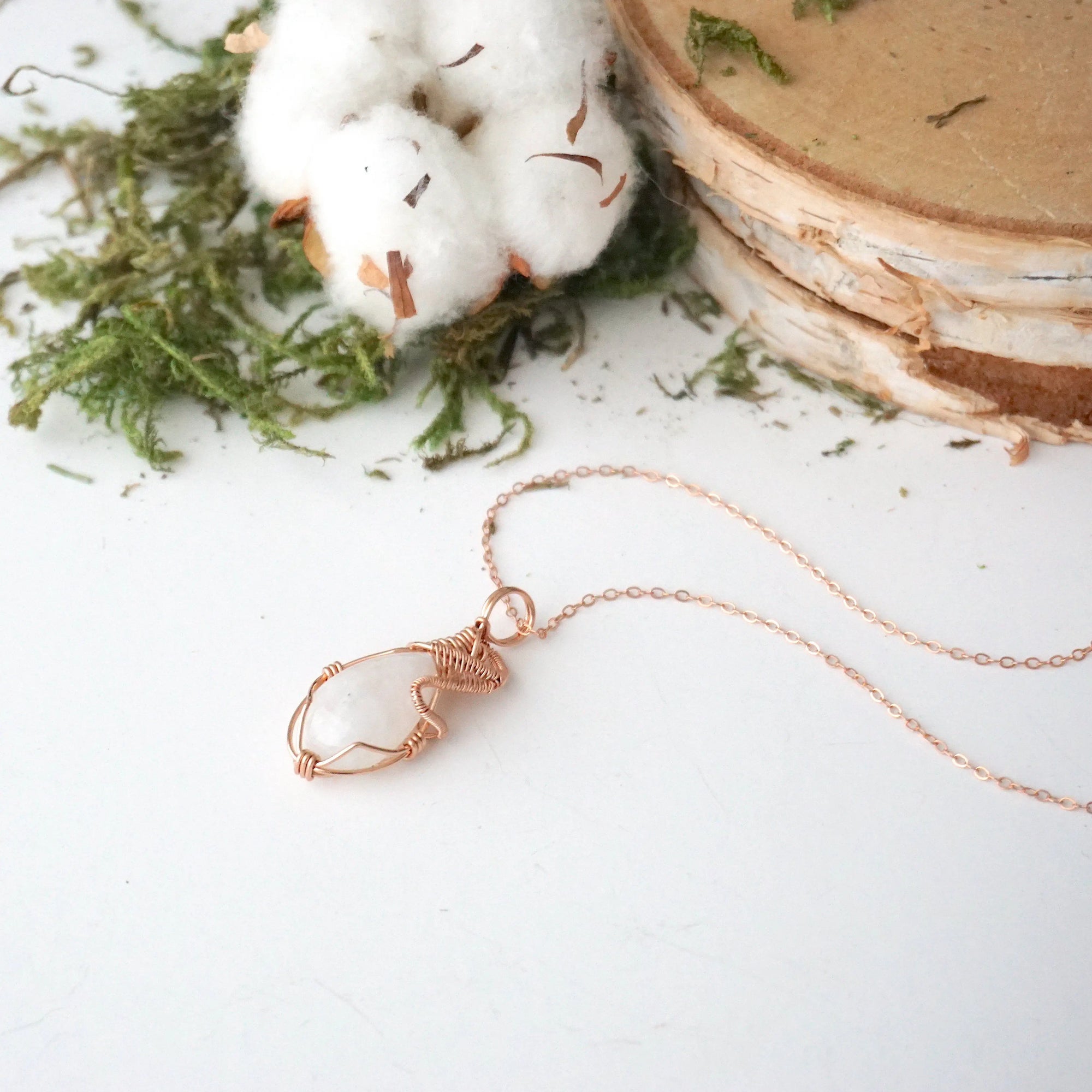 Rainbow moonstone necklace with 14k rose gold filled fine cable chain and natural cabochon pendant for women
