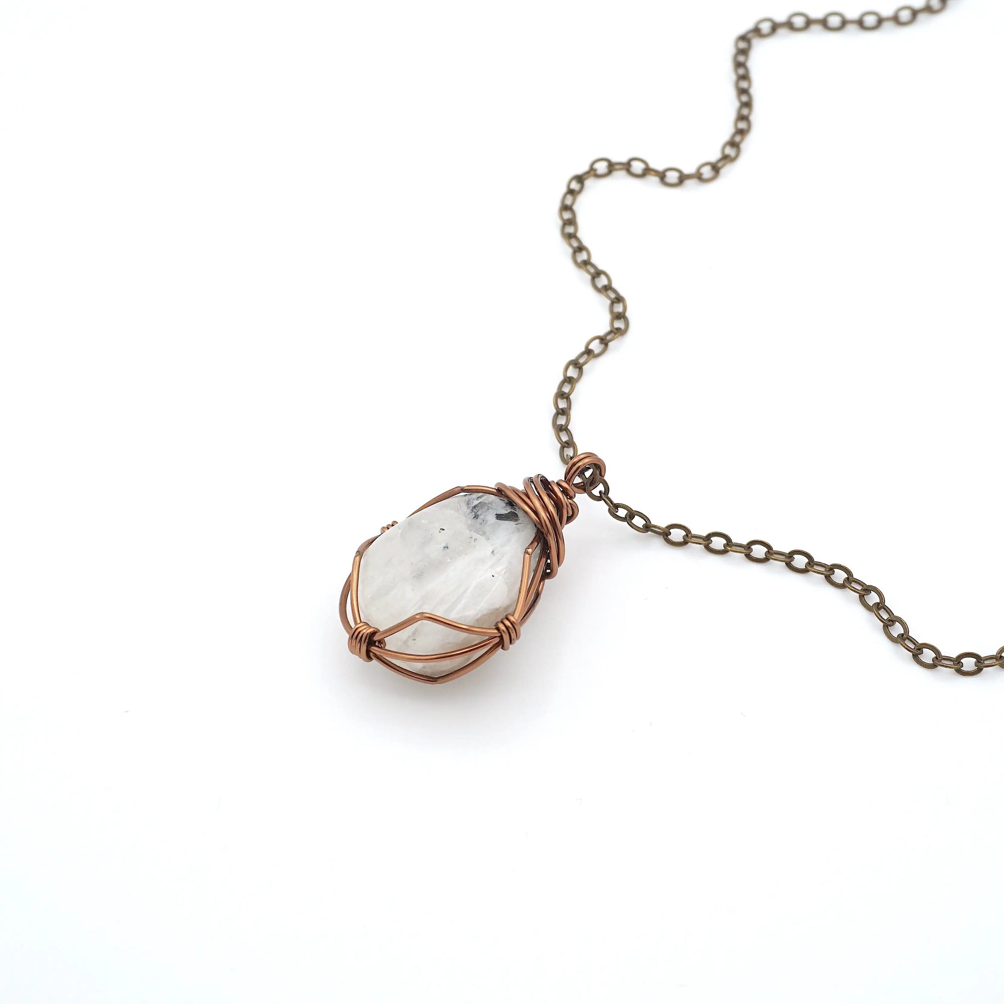 Handmade rainbow moonstone necklace in antique bronze copper wire wrapping with natural polished-raw June birthstone pendant
