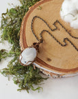 Women’s rainbow moonstone necklace with natural polished-raw pendant, antique bronze copper wire wrap and antique bronze cable chain