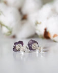 Back view of raw amethyst stud earrings, unpolished natural amethyst stones and sterling silver posts