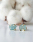 Raw aquamarine stud earrings, detailed front angle, genuine gemstone in 14k gold vermeil prong setting, Designs by Nature Gems