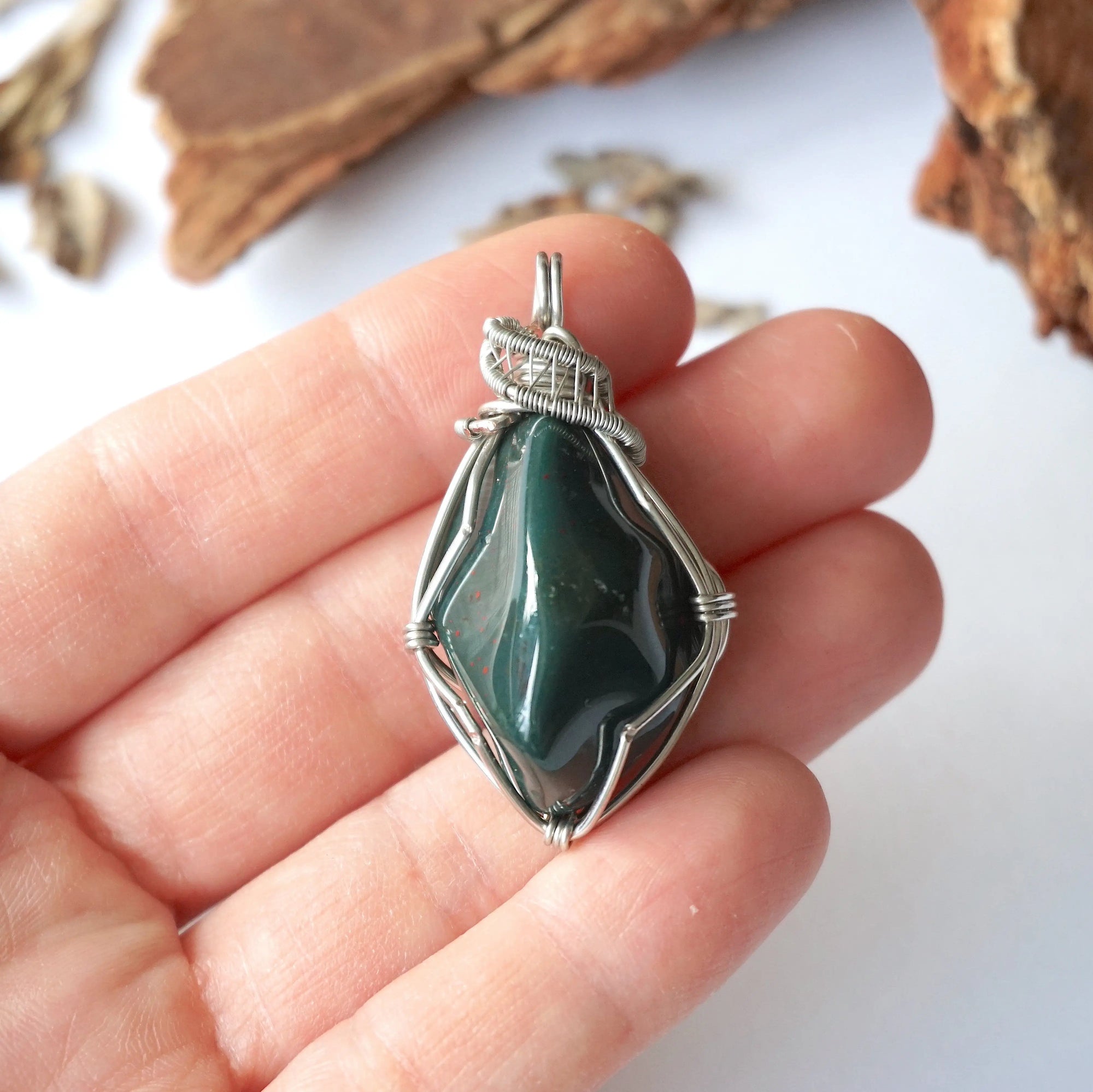 Raw Bloodstone Necklace - March Birthstone Pendant - White Gold Plated Brass DesignsbyNatureGems