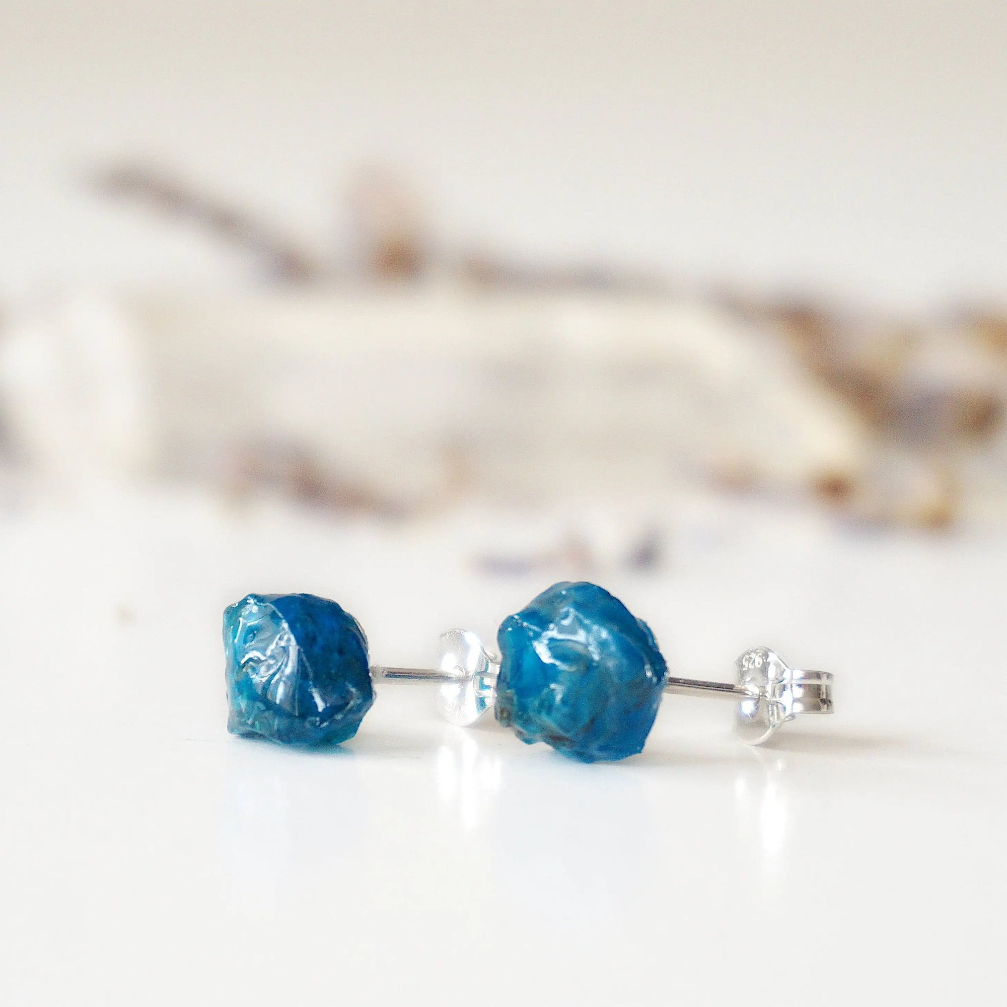 Raw Blue Apatite Stud Earrings Designs by Nature Gems
