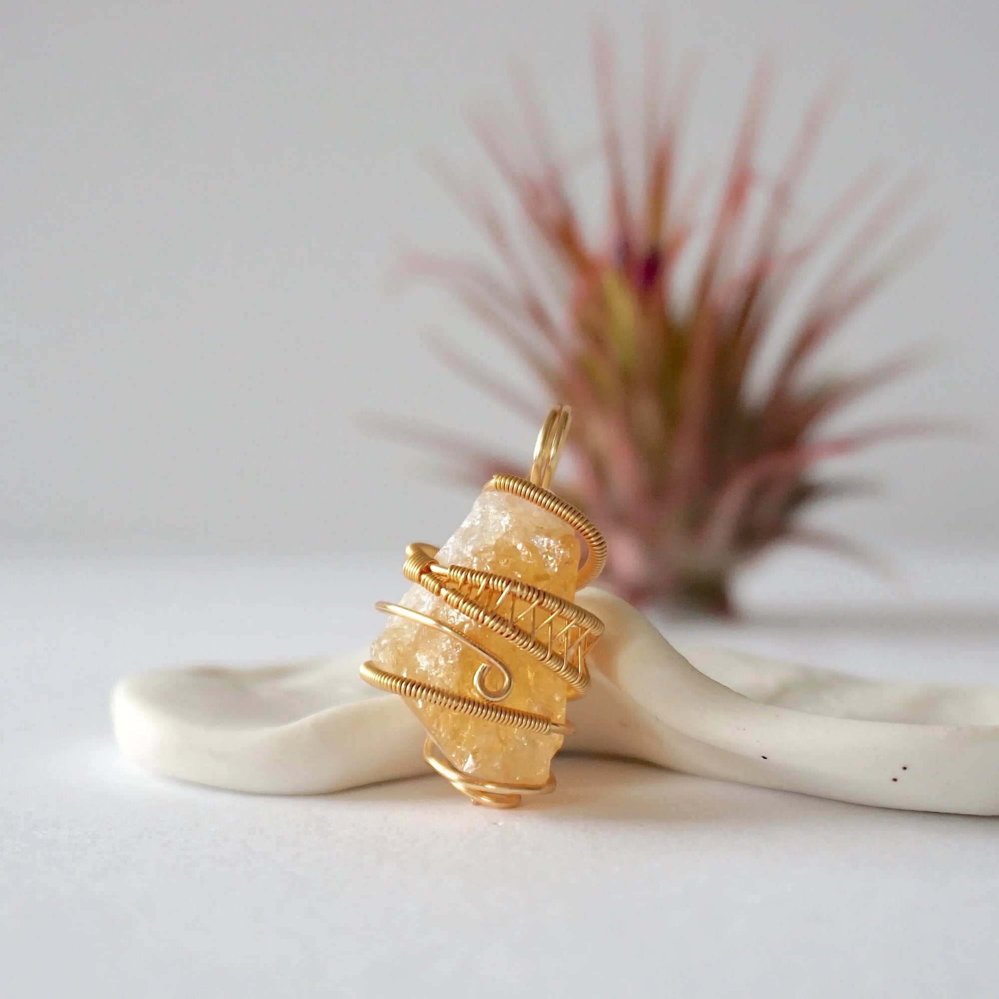 Front view of raw citrine pendant showing natural unpolished crystal texture - wire wrapped in gold plated copper handmade November birthstone necklace detail