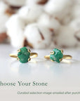 Two raw emerald adjustable rings in gold vermeil showing natural variation in emerald size, shape, and green colour