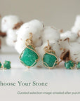 Two raw emerald jewelry sets in 14k gold filled, showing natural variation in size, shape, and color. Handcrafted May birthstone jewelry set by Designs by Nature Gems.