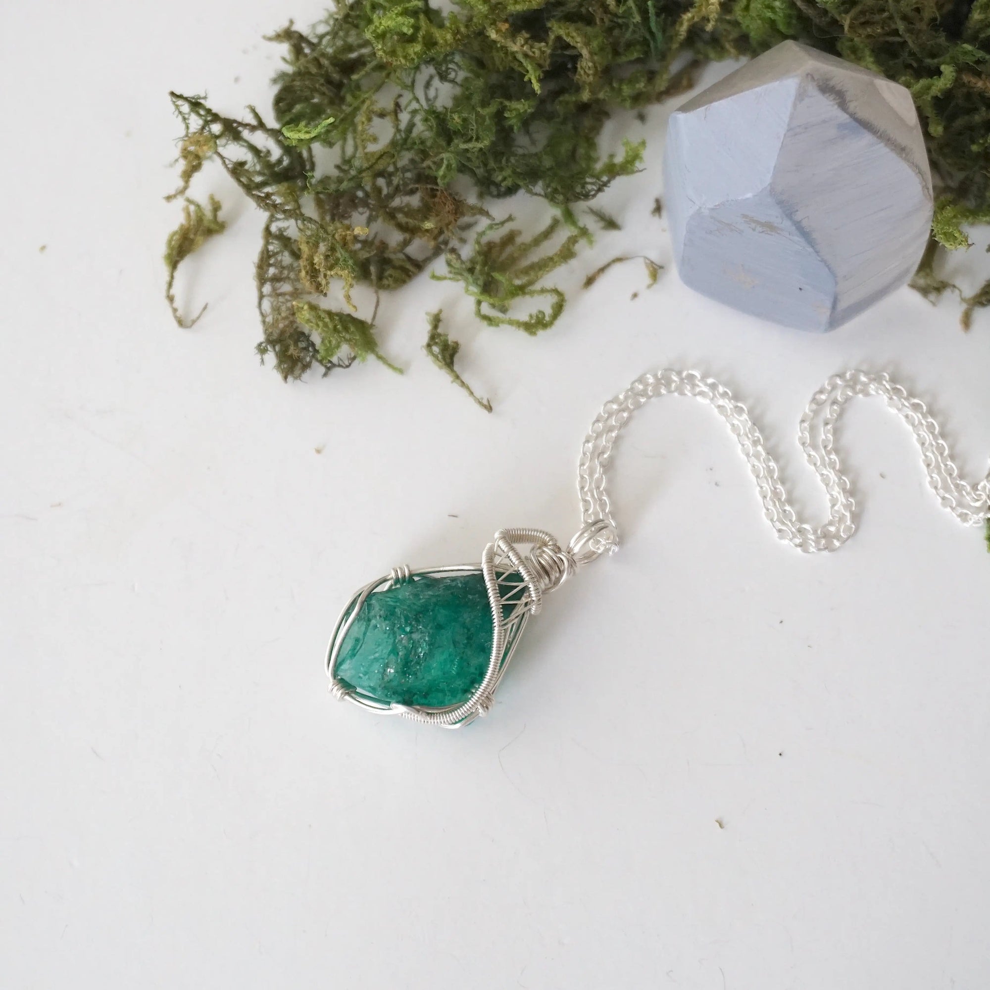 Raw emerald necklace for women on a 925 sterling silver chain with handcrafted natural emerald pendant