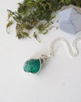 Raw emerald necklace for women on a 925 sterling silver chain with handcrafted natural emerald pendant