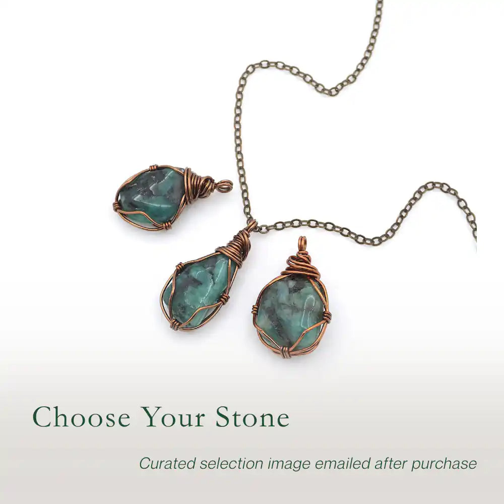 Three raw emerald pendants showing natural variation in size, shape, and green colour by Designs by Nature Gems.