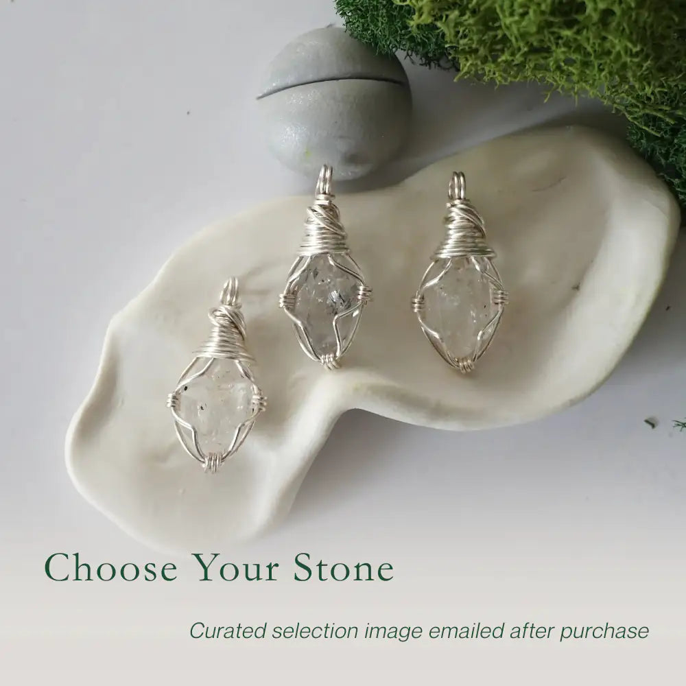 Three different raw Herkimer diamond pendants displayed for variation reference