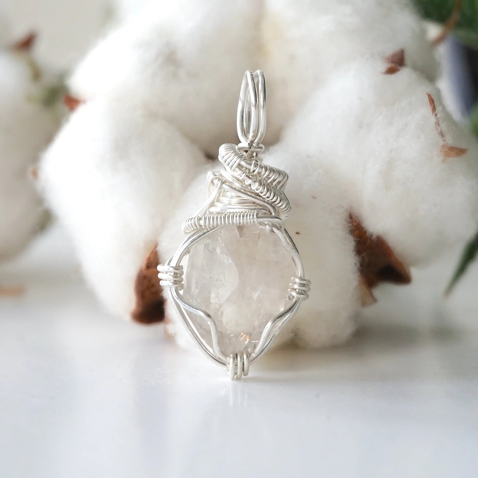 Back view of raw Herkimer diamond pendant for women with handcrafted 925 sterling silver wire wrapping.